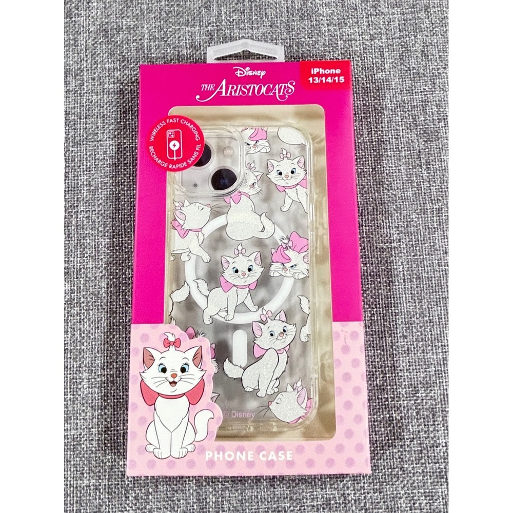 Disney Marie Aristocats iPhone 13 14 15 Case Clear Glitter Pink Wireless Charge